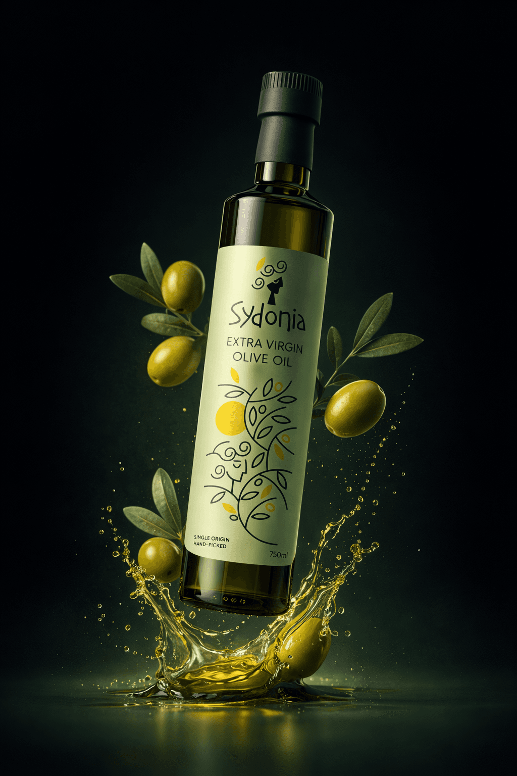 Sydonia extra virgin olive oil bottle with branded packaging